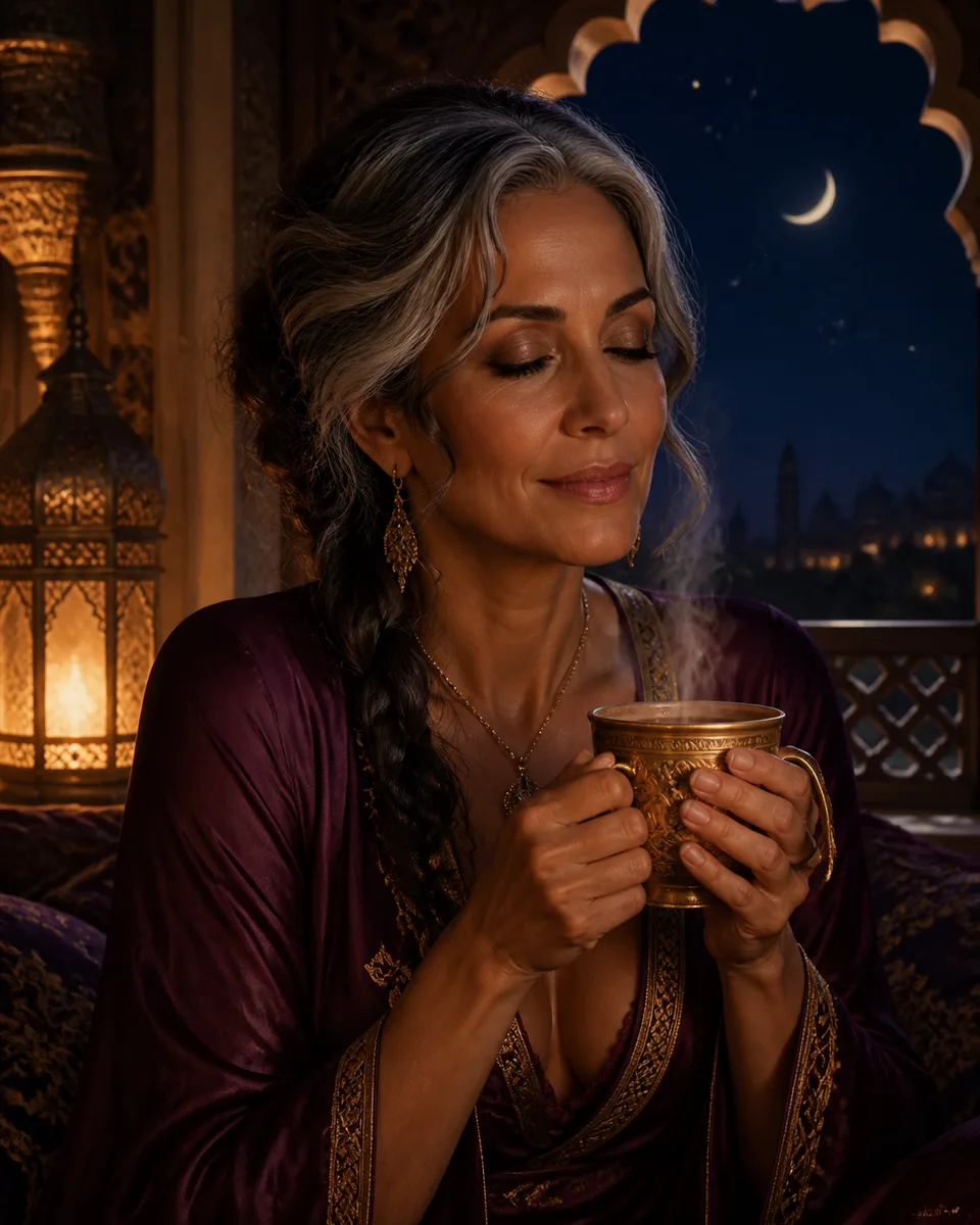 A silver-streaked woman in a plum silk robe cradling a golden cup beneath a crescent moon
