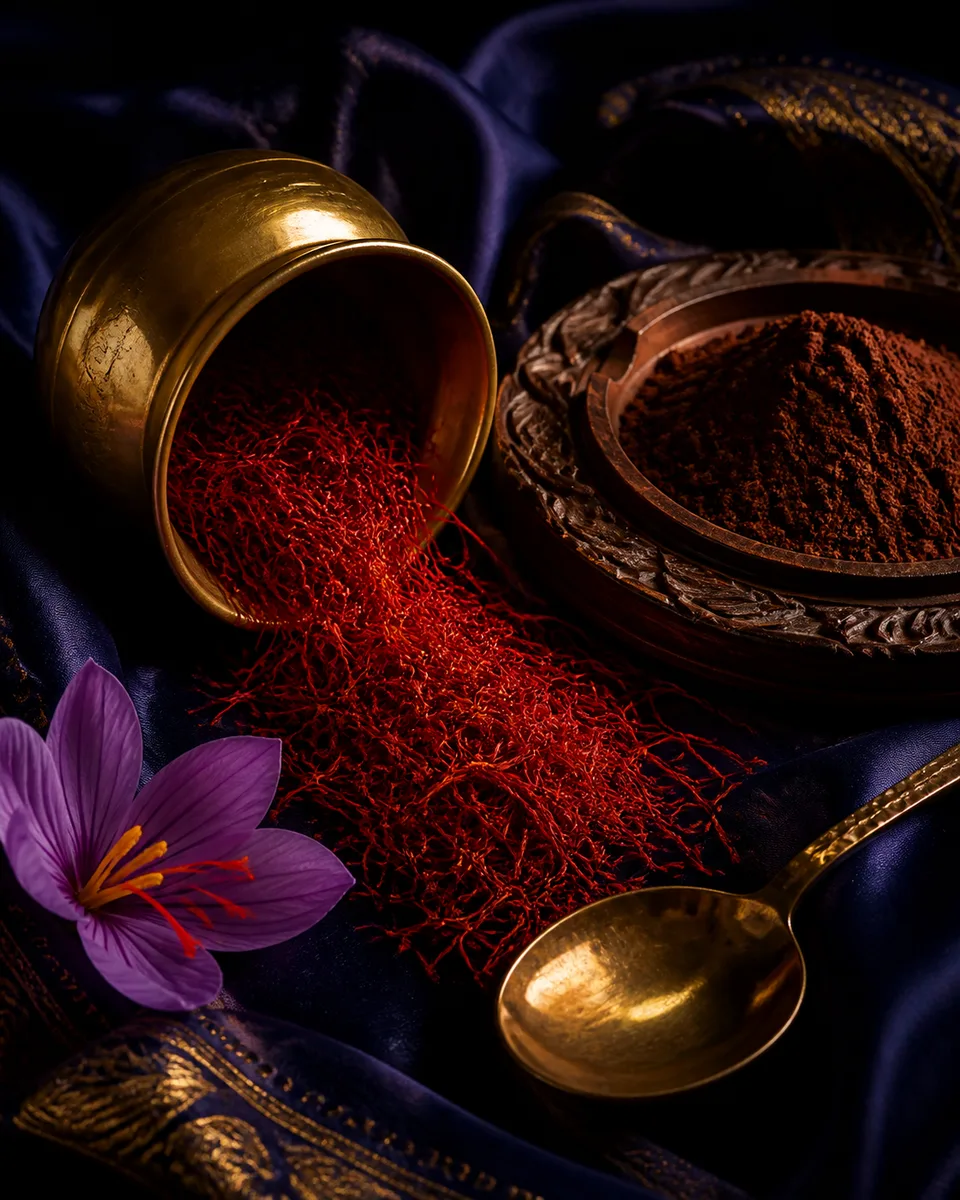 Saffron threads, cocoa, and a golden spoon arranged on indigo silk