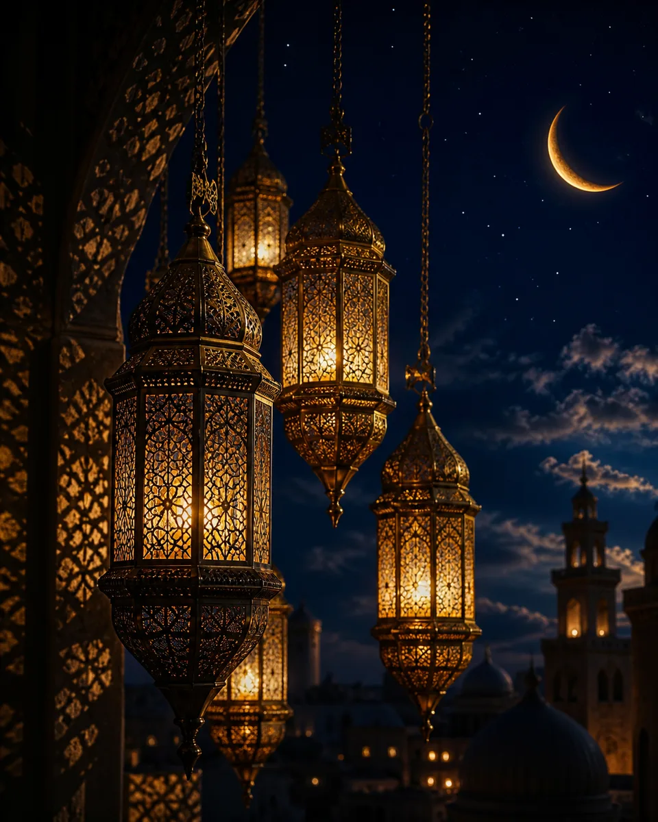 Brass lanterns glowing against an indigo night sky with a slim crescent moon