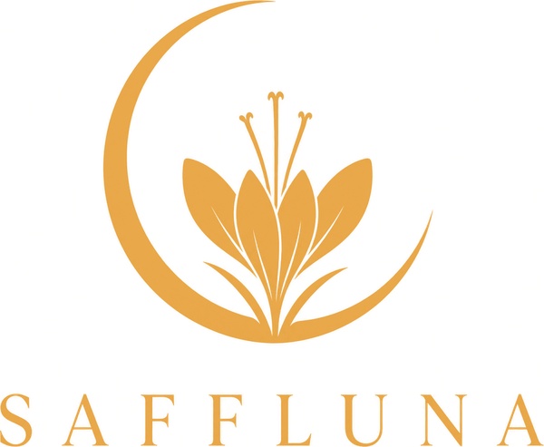Saffluna — crescent moon cradling a saffron crocus