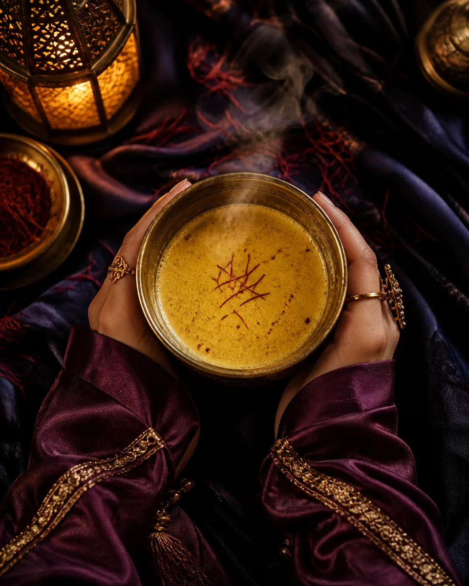 Hands with gold rings cradling an ornate brass cup of warm cocoa in lantern light
